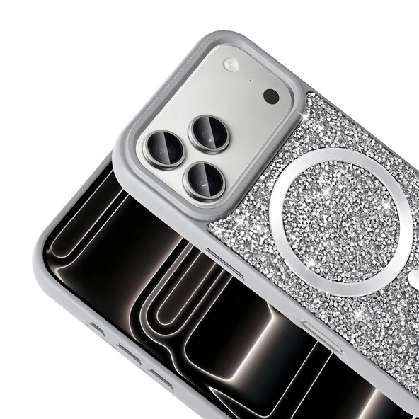 iPhone 17 Pro Kılıf Pırlanta Tasarımlı M-safe Şarj Özellikli Mozaik Silikon Kapak - Resim 6