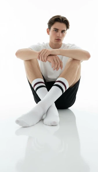 Erkek Spor Çorap 2’li Set – Nefes Alan Pamuklu Çizgili Soket Çorap | Günlük ve Spor Kullanım İçin Esnek Rahat Tasarım - Resim 7