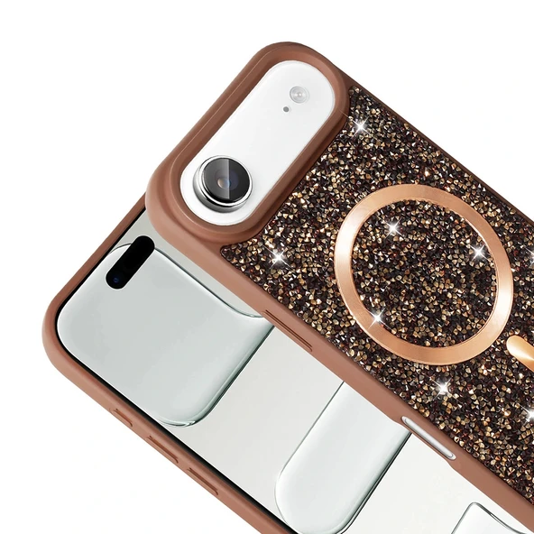 iPhone 17 Air Kılıf Pırlanta Tasarımlı M-safe Şarj Özellikli Mozaik Silikon Kapak - Resim 5