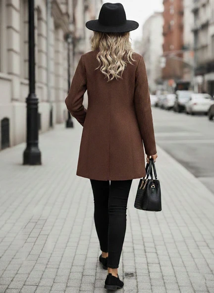 Şık Tasarım Yaka Kaşe Kahverengi Kaban - Resim 2