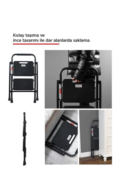 Perilla 51402 Stepla Geniş 2 Basamaklı Katlanır Merdiven Eurotower Siyah - Resim 4