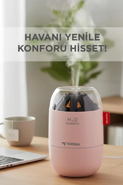 Torima H16 Pembe Odun Ateşi Efekli Hava Nemlendirici Buhar Makinesi 280ML LED Işıklı Sessiz Çalışma - Resim 2
