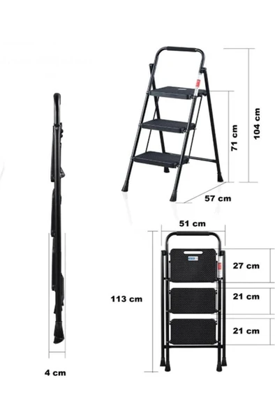 Perilla 51403 Stepla Geniş 3 Basamaklı Katlanır Merdiven Eurotower Siyah - Resim 4