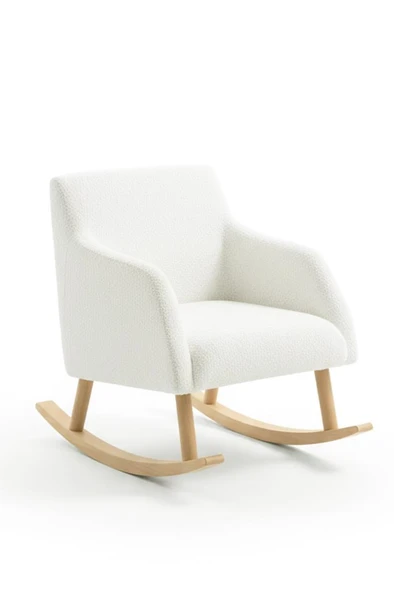 LOOP Sallanan Sandalye – Ekru Teddy Kumaş | Doğal Ahşap Ayaklı Berjer - Sallanan Koltuk - Resim 2