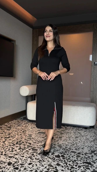 MDB Kadın Uzun Kollu Balıkçı Yaka önden Fermuarlı Yırtmaçlı Midi Viskon Iki Iplik Elbise ürün görseli 1