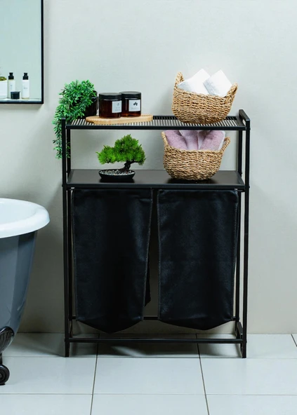 DEKORATİF KİRLİ SEPETLİ BANYO DOLABI 2 RAFLI 2 BÖLMELİ ÇAMAŞIR SEPETİ BANYO DÜZENLEYİCİ ORGANİZER ürün görseli