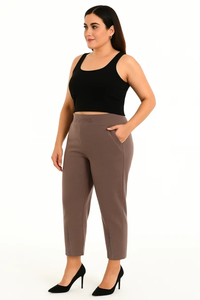 Büyük Beden Lastikli Yüksek Bel Taşlı Mom Likralı Taş Deri Detaylı Kışlık Kaşe Kadın Pantolon - Resim 10