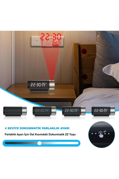 Plentiful Projeksiyonlu Silindir USB Güç LED Ekran Çalar Saat Sıcaklık Çift Alarm - Resim 7