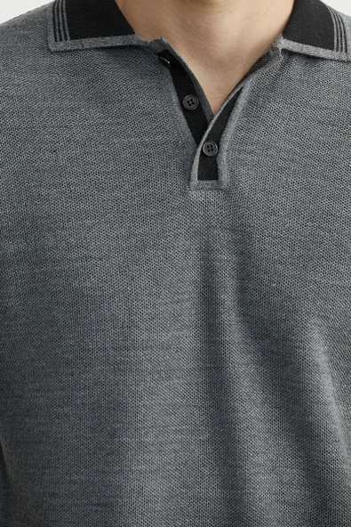 Polo Yaka Yünlü Triko Kazak - Füme - Resim 4