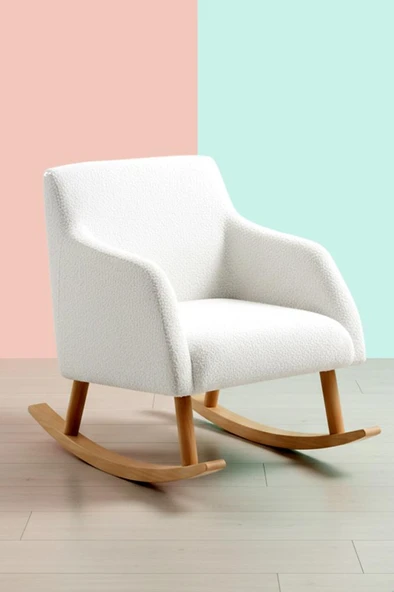 LOOP Sallanan Sandalye ve Puf Seti – Ekru Teddy Kumaş Ahşap Ayaklı Berjer - Sallanan Koltuk Puf - Resim 2