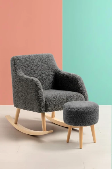 LOOP Sallanan Sandalye ve Puf Seti – Antrasit Teddy Kumaş Ahşap Ayaklı Berjer - Sallanan Koltuk Puf ürün görseli