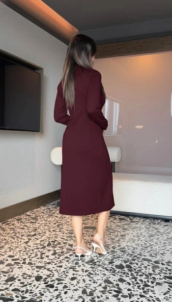 MDB Kadın Uzun Kollu Balıkçı Yaka önden Fermuarlı Yırtmaçlı Midi Viskon Iki Iplik Elbise - Resim 3