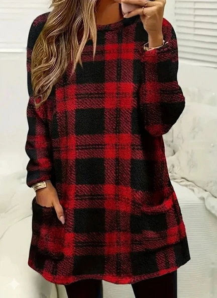 MDB Kadın Uzun Kollu Yarı Balıkçı Yakalı Cep Detaylı Ekoseli Dokuma Tunik - Resim 4