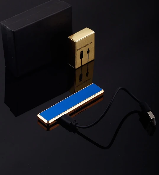 Şık Görünümlü Usb Şarjlı Rezistanslı İnce Slim Metal Çakmak (mavi) - Resim 3