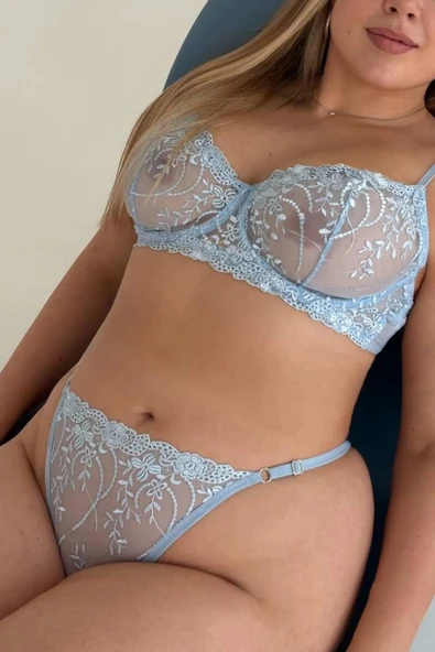 Mavi Balenli Dantelli Büyük Beden Sütyen Takımı ürün görseli