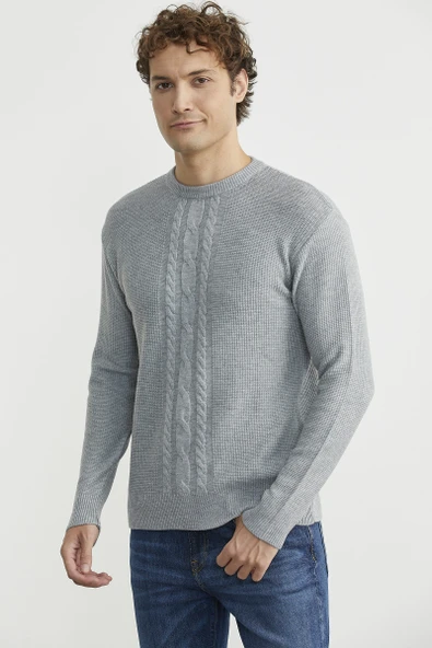 Motif Detaylı Bisiklet Yaka Triko Kazak - Gri - Resim 3