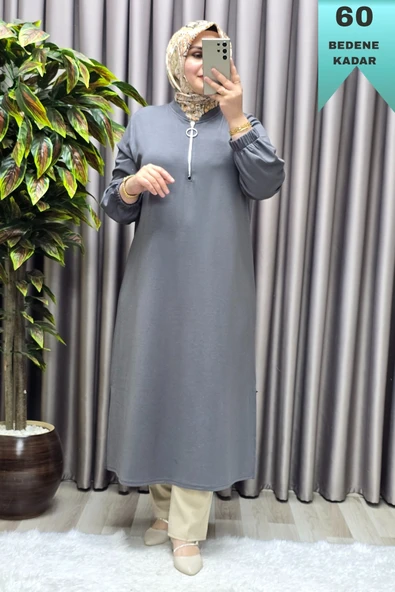 Kadın Tesettür Giyim Büyük Beden Fermuarlı Jumbo Uzun Tunik - Resim 11