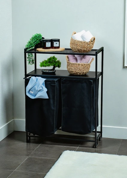 DEKORATİF KİRLİ SEPETLİ BANYO DOLABI 2 RAFLI 2 BÖLMELİ ÇAMAŞIR SEPETİ BANYO DÜZENLEYİCİ ORGANİZER - Resim 2