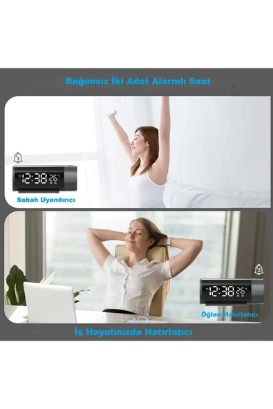 Plentiful Projeksiyonlu Silindir USB Güç LED Ekran Çalar Saat Sıcaklık Çift Alarm - Resim 5