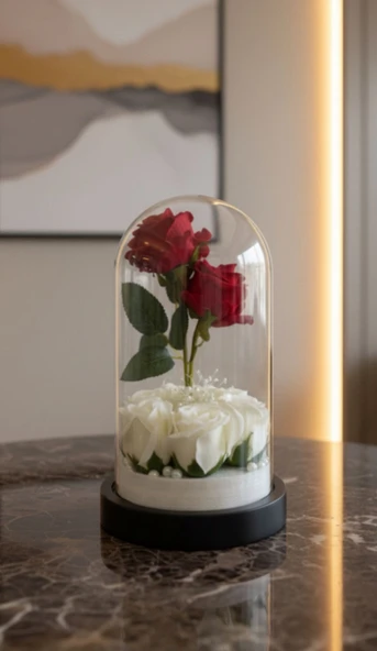 Solmayan Gül Fanus Sevgiliye Hediye Kırmızı Beyaz Islak Beyaz&Kırmızı Gül Teraryum ürün görseli