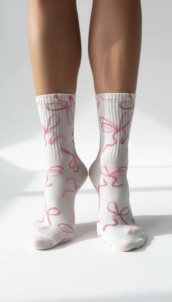 Plus Scorpion Kadın Pembe Kurdele Desenli Soket Çorap – Pamuklu, Esnek, Nefes Alabilir (36-40) - Resim 5