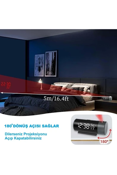 Plentiful Projeksiyonlu Silindir USB Güç LED Ekran Çalar Saat Sıcaklık Çift Alarm - Resim 2