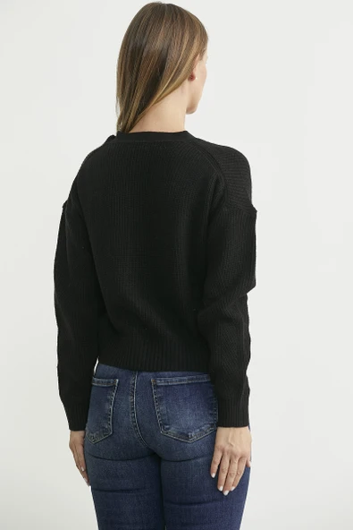 Yaka Detaylı Düğmeli Triko Hırka - Siyah - Resim 5