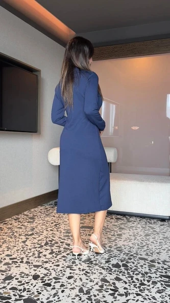 MDB Kadın Uzun Kollu Balıkçı Yaka önden Fermuarlı Yırtmaçlı Midi Viskon Iki Iplik Elbise - Resim 3