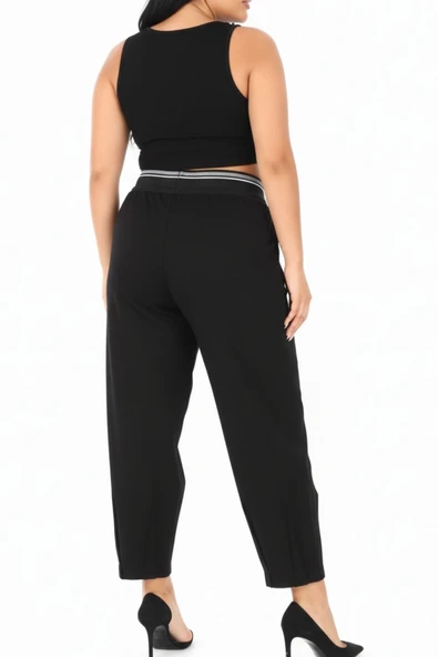 Büyük Beden Lastikli Yüksek Bel Örme Likralı Geniş Kalıp Mom Kadın Pantolon - Resim 3