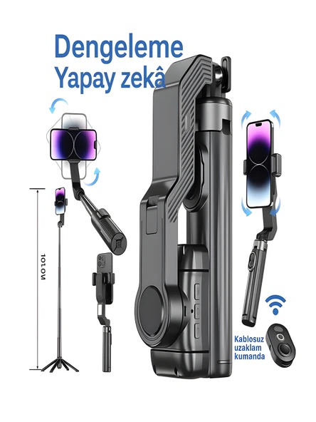 Uzaktan Kumandalı 101cm LED Işıklı Al Tripod Yapay Zeka Destekli Titreşim Engelli Gimbal ürün görseli 1