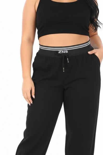 Büyük Beden Lastikli Yüksek Bel Örme Likralı Geniş Kalıp Mom Kadın Pantolon - Resim 2