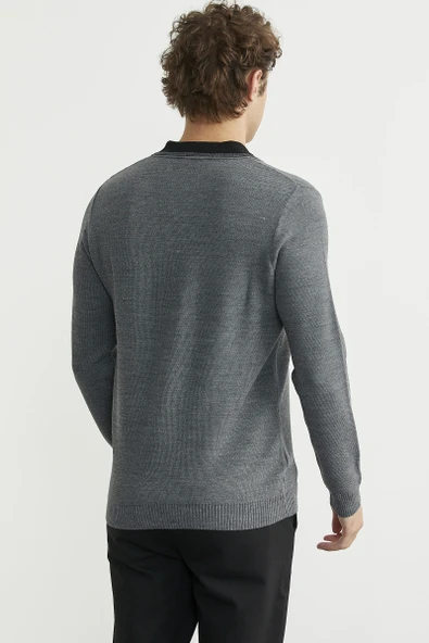 Polo Yaka Yünlü Triko Kazak - Füme - Resim 5