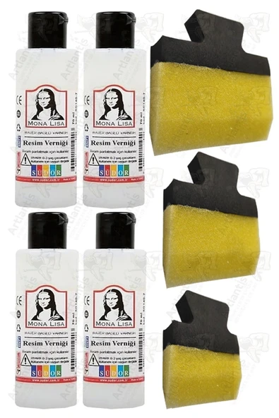 Resim Verniği 70 ml Su Bazlı 4 Adet ve Yassı Patpat Sünger Fırça Seti 3 lü 1 Paket Resim Parlatıcı Vernik Hobi Sanat ürün görseli