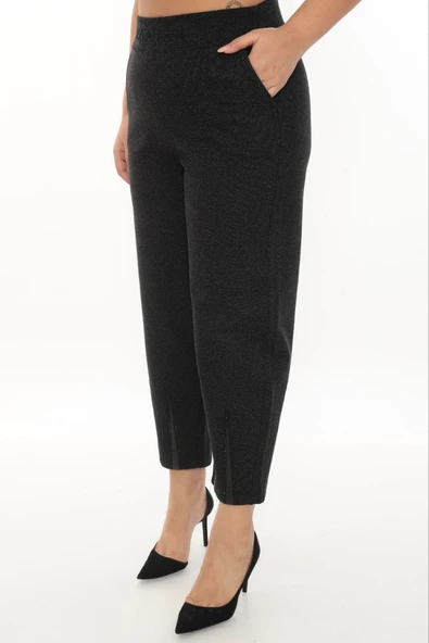 Büyük Beden Lastikli Yüksek Bel Taşlı Mom Likralı Taş Deri Detaylı Kışlık Kaşe Kadın Pantolon - Resim 12