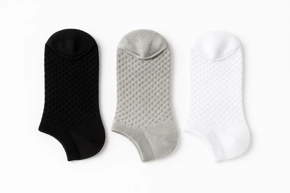 Kadın Görünmez Çorap 3’lü Set – Pamuklu, Esnek, File Dokulu (Siyah Gri Beyaz) - Resim 9