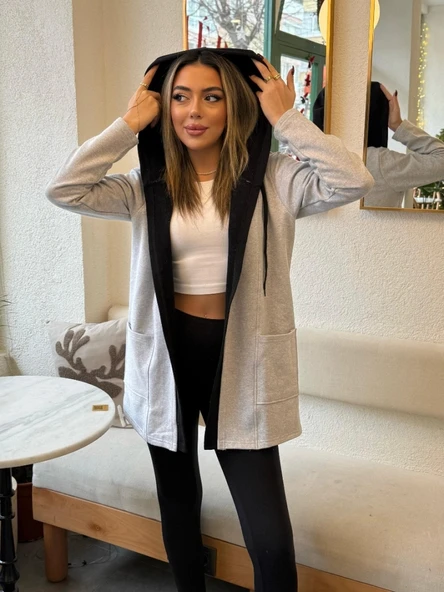 MDB Kadın Uzun Kollu Kapşonlu çift Renkli şardonlu Iki Iplik Ceket - Resim 6