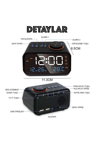Plentiful Dekoratif LED Dijital Saat FM Radyo 2 Alarm Sıcaklık ve Nem Göstergeli Şarjlı Pilli Saat - Resim 7