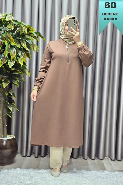 Kadın Tesettür Giyim Büyük Beden Fermuarlı Jumbo Uzun Tunik - Resim 9