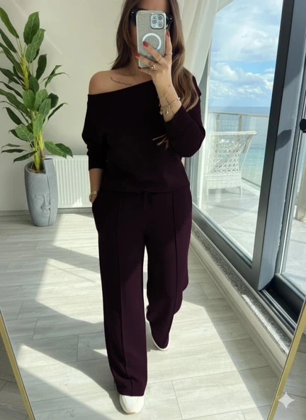 MDB Kadın Uzun Kollu Tek Omuzdan Açık Modal Bluz Ve Pantolon Ikili Mürdüm Takım - Resim 2