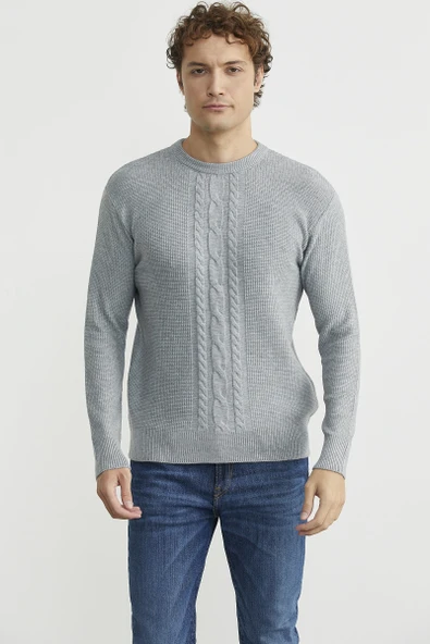 Motif Detaylı Bisiklet Yaka Triko Kazak - Gri ürün görseli 1