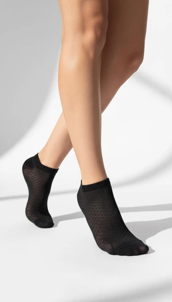 Kadın Görünmez Çorap 3’lü Set – Pamuklu, Esnek, File Dokulu (Siyah Gri Beyaz) - Resim 2