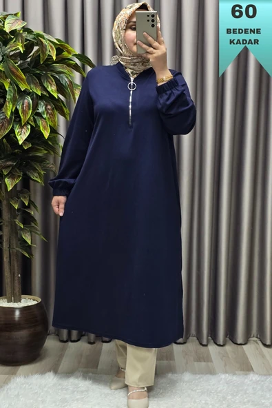 Kadın Tesettür Giyim Büyük Beden Fermuarlı Jumbo Uzun Tunik - Resim 8
