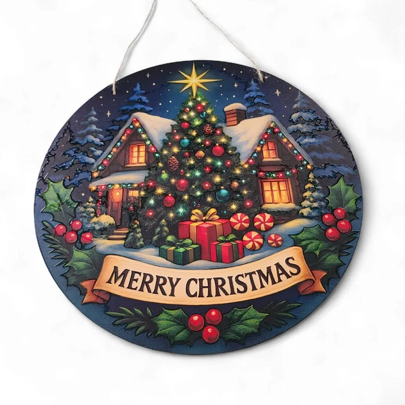 Yılbaşı Ağaçlı Yeni Yıl Evi Kapı ve Duvar Süsü - Resim 5