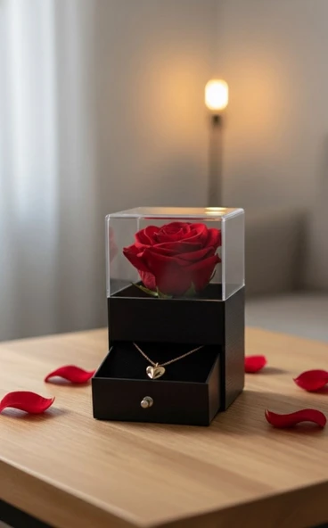 Gül Takı Kutusu Solmayan Gül Yılbaşı Sevgiliye Hediye Takı Saklama Kalp Çelik Kolye ürün görseli