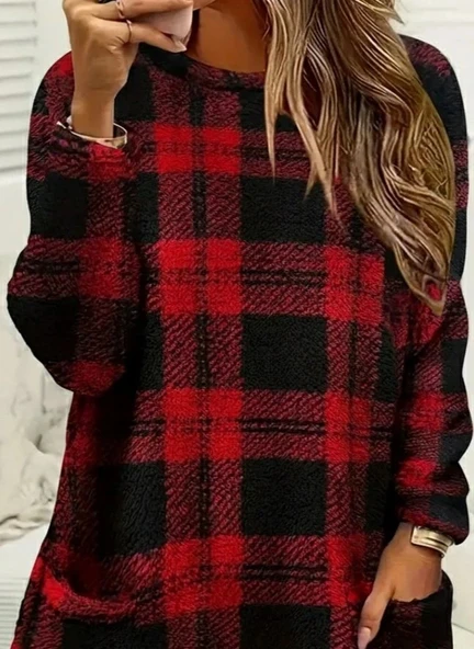 MDB Kadın Uzun Kollu Yarı Balıkçı Yakalı Cep Detaylı Ekoseli Dokuma Tunik - Resim 2