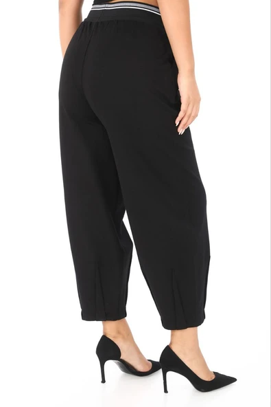 Büyük Beden Lastikli Yüksek Bel Örme Likralı Geniş Kalıp Mom Kadın Pantolon - Resim 9