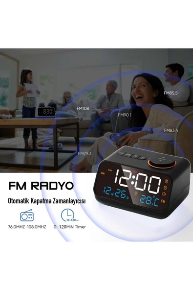 Plentiful Dekoratif LED Dijital Saat FM Radyo 2 Alarm Sıcaklık ve Nem Göstergeli Şarjlı Pilli Saat - Resim 3