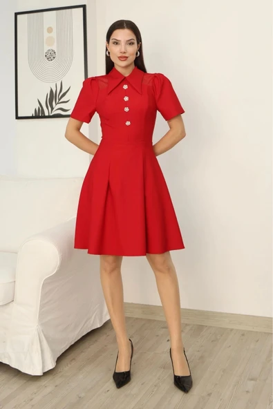 Omuz Tül Detaylı Gömlek Yaka Midi Elbise 2327-Kırmızı - Resim 2