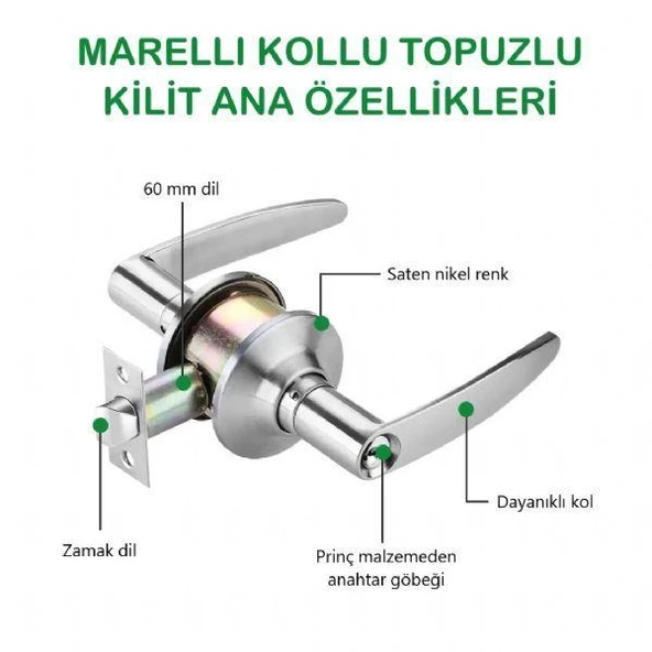 Marelli Kollu Tip Siyah Topuzlu Amerikan Otel tipi kilit anahtarlı - Resim 3