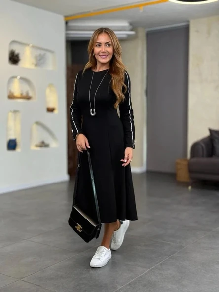 MDB Kadın Uzun Kollu Bisiklet Yaka Midi Modal Elbise - Resim 3